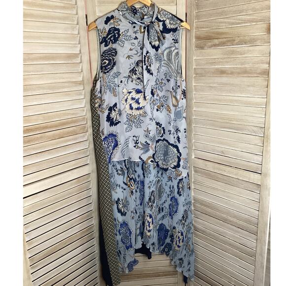 Tory Burch Margaret Blue Floral Plaid Silk Patchwork Pleated Midi Dress 14 - Picture 8 of 12